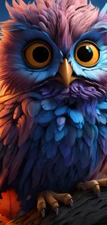 Vibrant owl with blue and purple feathers in mobile wallpaper.