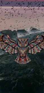 Intricate colorful owl flying over misty mountains with a bird flock.