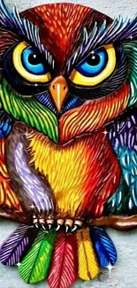 Vibrant and colorful owl design with feathers.