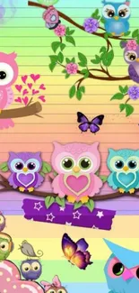 Colorful owl wallpaper with flowers and butterflies on a pastel background.