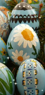 Hand-painted Easter eggs with floral designs on a sky blue background.