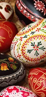 Intricately painted Easter eggs with vibrant colors.