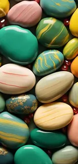 Colorful collection of artistically painted stones in vibrant hues.