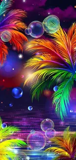 Vivid tropical palms with rainbow colors against a dreamy night beach background.