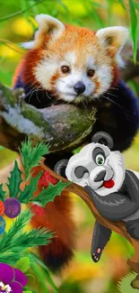 Colorful mobile wallpaper with red panda and cartoon panda in nature.