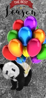 Cute panda holding colorful balloons on a textured gray background.