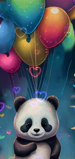 Cute panda with colorful balloons and heart lights.