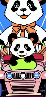 Cartoon pandas driving a colorful car in vibrant wallpaper.