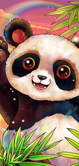 Joyful cartoon panda waving with bamboo and rainbow background.