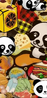 Cute cartoon pandas with desserts in colorful design.