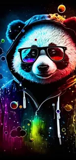 Colorful panda wearing a hoodie and glasses in vibrant cosmic art style.