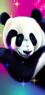 Colorful panda with vibrant gradient background on mobile wallpaper.