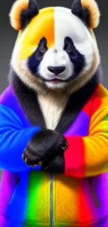 Vibrant panda wearing a colorful jacket on dark background.