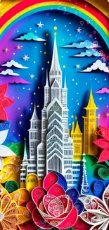 Vibrant paper art wallpaper with a whimsical castle and colorful flowers.