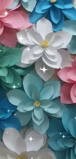 Colorful paper flower wallpaper in blue, pink, and white.