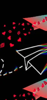 Vibrant paper plane with red hearts and colorful trails on black background.