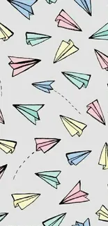 Colorful paper planes wallpaper with pastel hues on gray background.