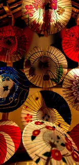 Colorful traditional paper umbrellas creating art.