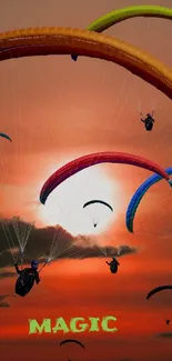 Vibrant paragliders in orange sunset sky, creating a magical scene.