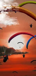 Colorful paragliders soaring against a vibrant sunset sky.