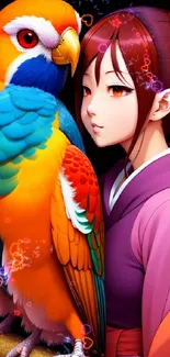 Anime girl with a colorful parrot on a vibrant orange background.