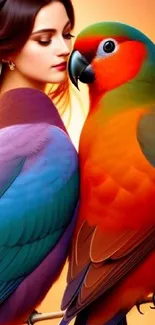 Colorful wallpaper featuring a parrot and a woman in vibrant hues.