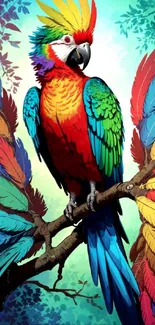 A stunning colorful parrot with vivid feathers perched on a branch.