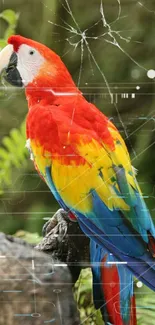 Vibrant parrot with digital overlay and lush green background.