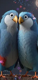 Two colorful parrots perched together, vibrant wallpaper.