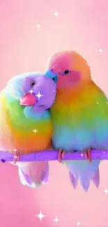 Two colorful parrots on a pink background.