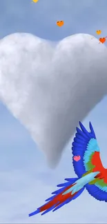 Parrot flying with heart-shaped cloud in sky.