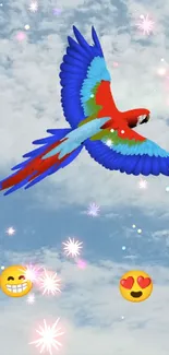 Vibrant parrot flying in blue sky with cloud backdrop.