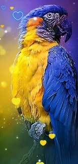 Vibrant parrot with blue and yellow feathers on a galaxy background.