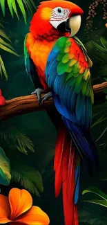 A vibrant parrot sits in a colorful jungle setting with lush greenery.
