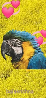 Vibrant parrot with hearts on a yellow floral background for mobile wallpaper.