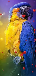 Vibrant blue and yellow parrot with bokeh background.