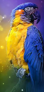 A colorful parrot with blue and yellow feathers on a bokeh background.