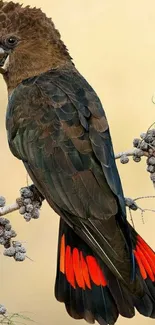 Vibrant parrot with red and brown plumage on a branch.