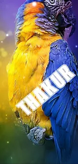 Vibrant parrot with colorful feathers and text 'THAKUR' on mobile wallpaper.