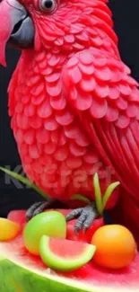 Red parrot perched on colorful fruits.