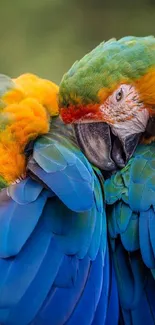 Two vibrant parrots cuddling together in a colorful display of nature.