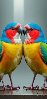 Colorful parrot pair on wooden perch, vibrant and lively.