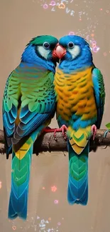 Two colorful parrots perched on a branch with vibrant blue and green feathers.