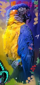 Colorful macaw with vivid blue and yellow feathers in a vibrant design.