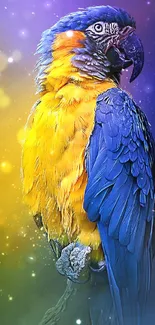 Colorful parrot with blue and yellow feathers on a vibrant background.