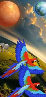 Colorful parrots flying in cosmic landscape.