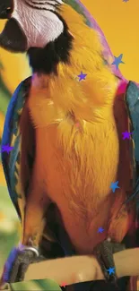 Vibrant yellow and blue parrot with a tropical background.