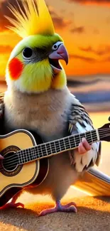 A parrot playing guitar on a beach during a sunset.