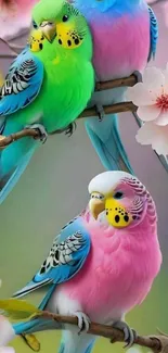 Colorful parrots perched among pink blossoms.