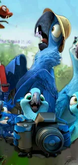 Colorful animated wallpaper with blue parrots in jungle.